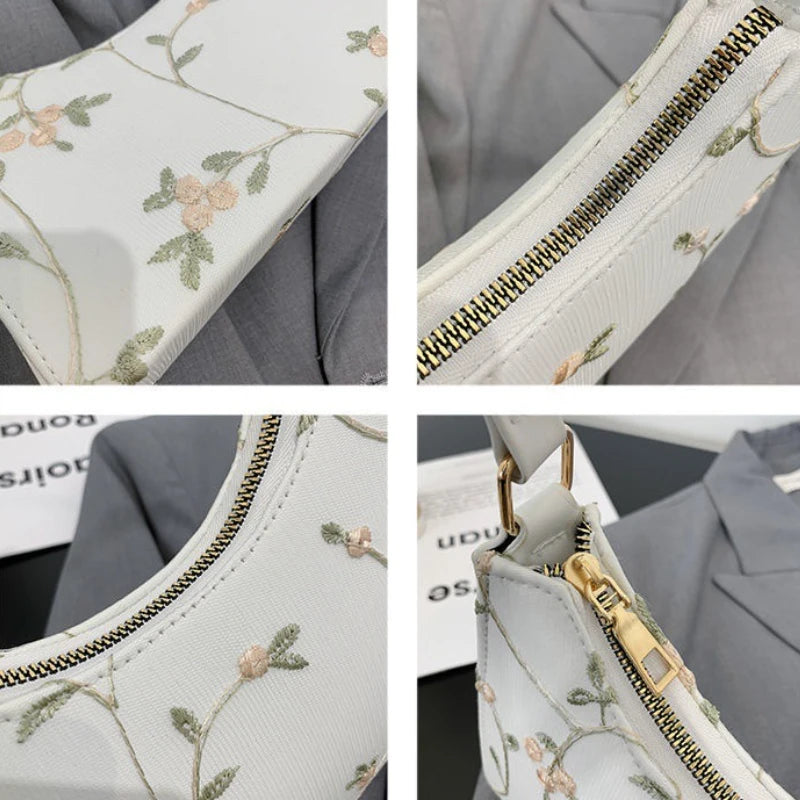 Lace Floral Shoulder Bag Square Handbag PU Leather Zipper All-match