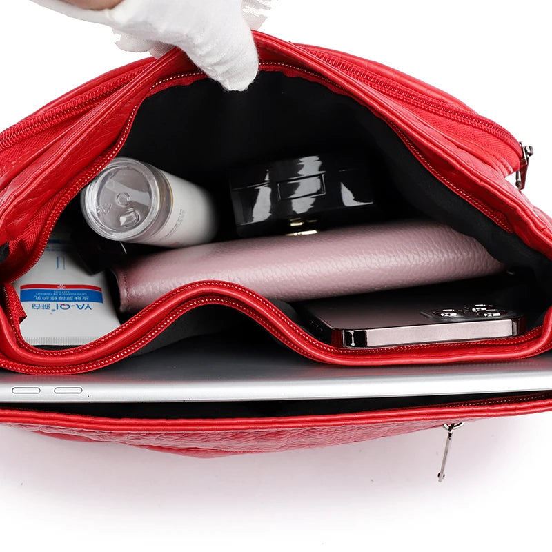 Pleated Leather Shoulder Bag Large Capacity Crossbody Messenger Bag