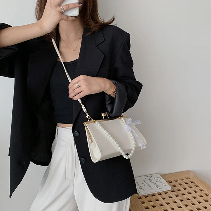 Women Shoulder Bag PU Leather Lace Pearls Handbag Cross-body