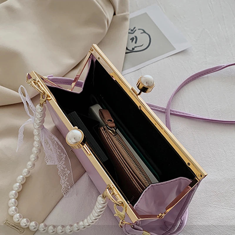 Women Shoulder Bag PU Leather Lace Pearls Handbag Cross-body