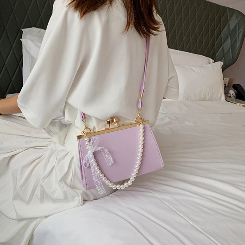 Women Shoulder Bag PU Leather Lace Pearls Handbag Cross-body