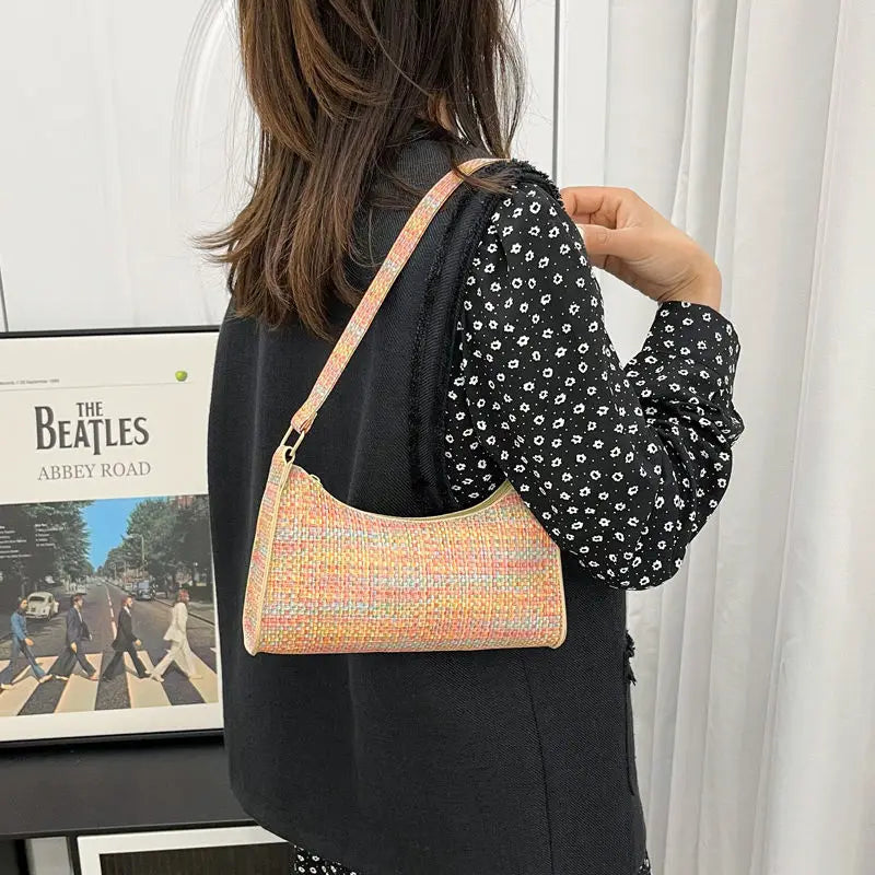 Women Shoulder Bags PU Leather Zipper Underarm Handbags Ins Panelled OL French C