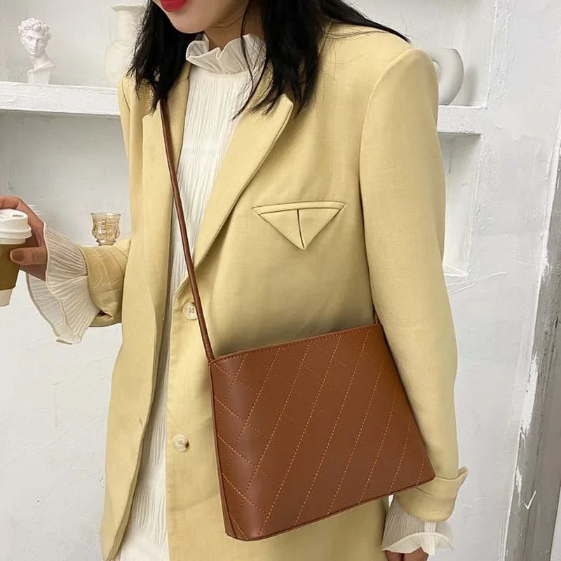 Vintage Diamond Lattice Shoulder Bag Women PU Zipper Handbag Cross-body Pouch