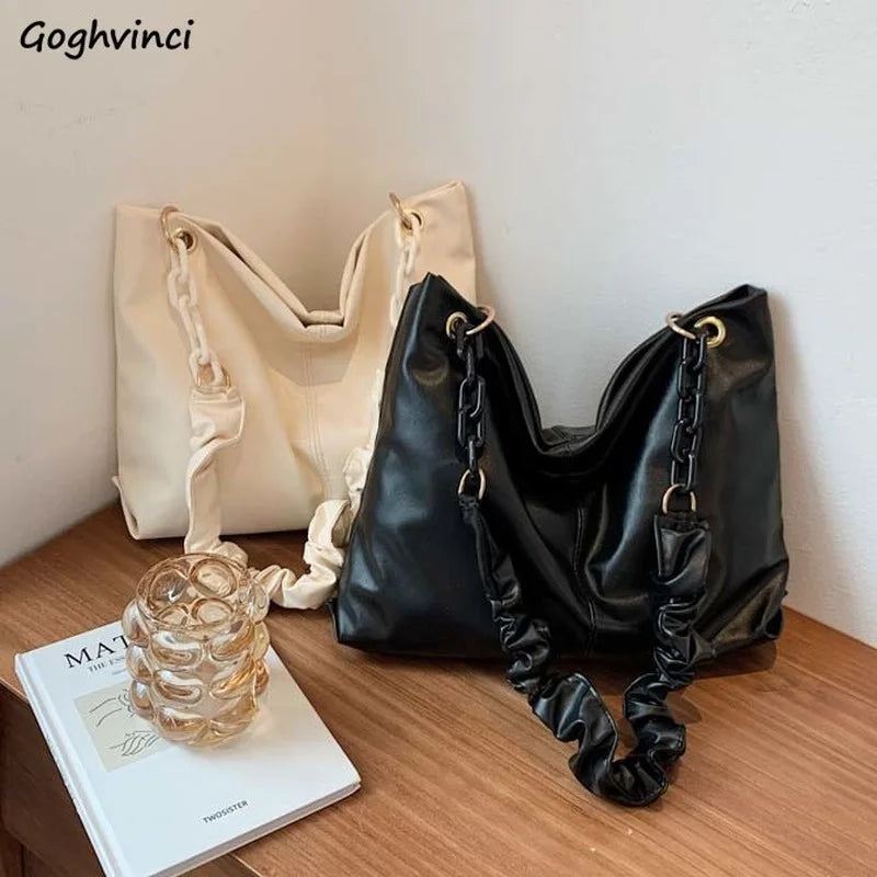 Pleated PU Leather Shoulder Bag Large Capacity Chain Handbag Underarm Texture OL