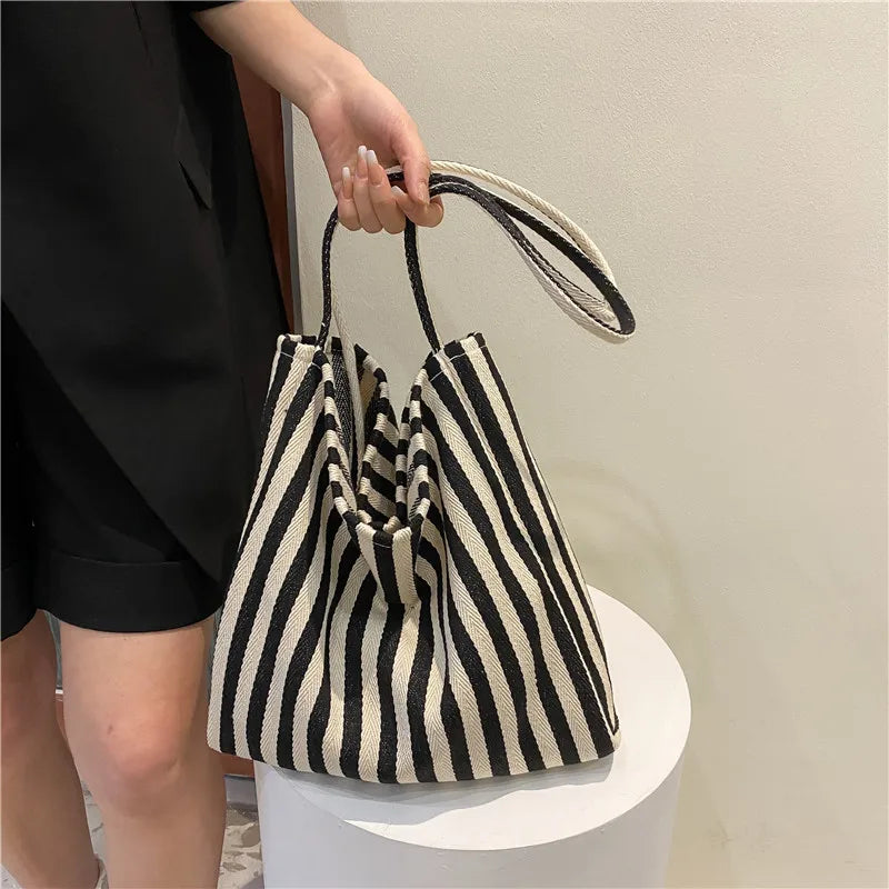 Large Capacity Canvas Shoulder Bag Striped Totes Handbag