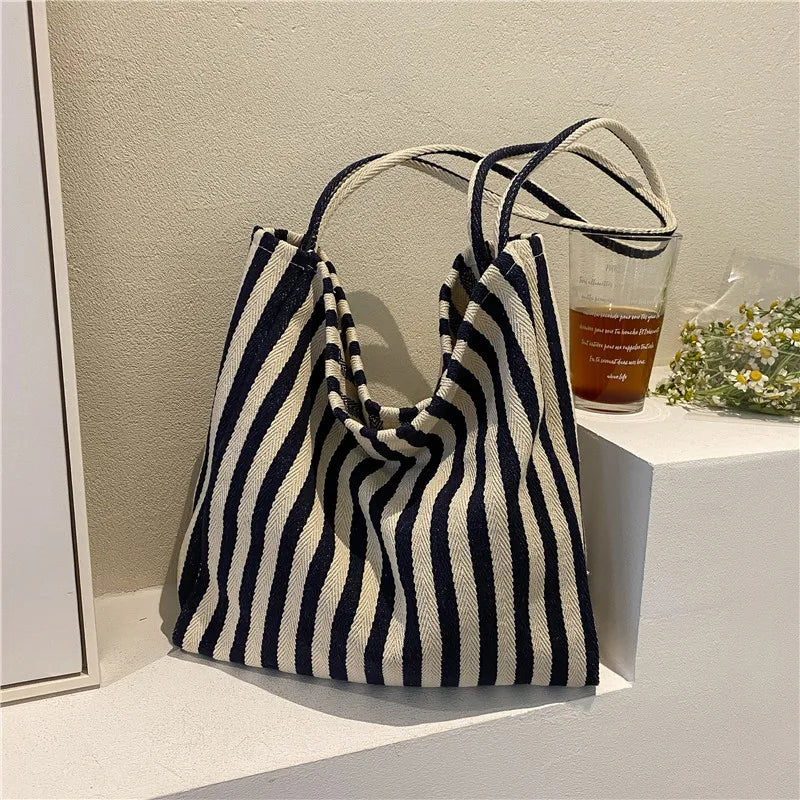 Large Capacity Canvas Shoulder Bag Striped Totes Handbag