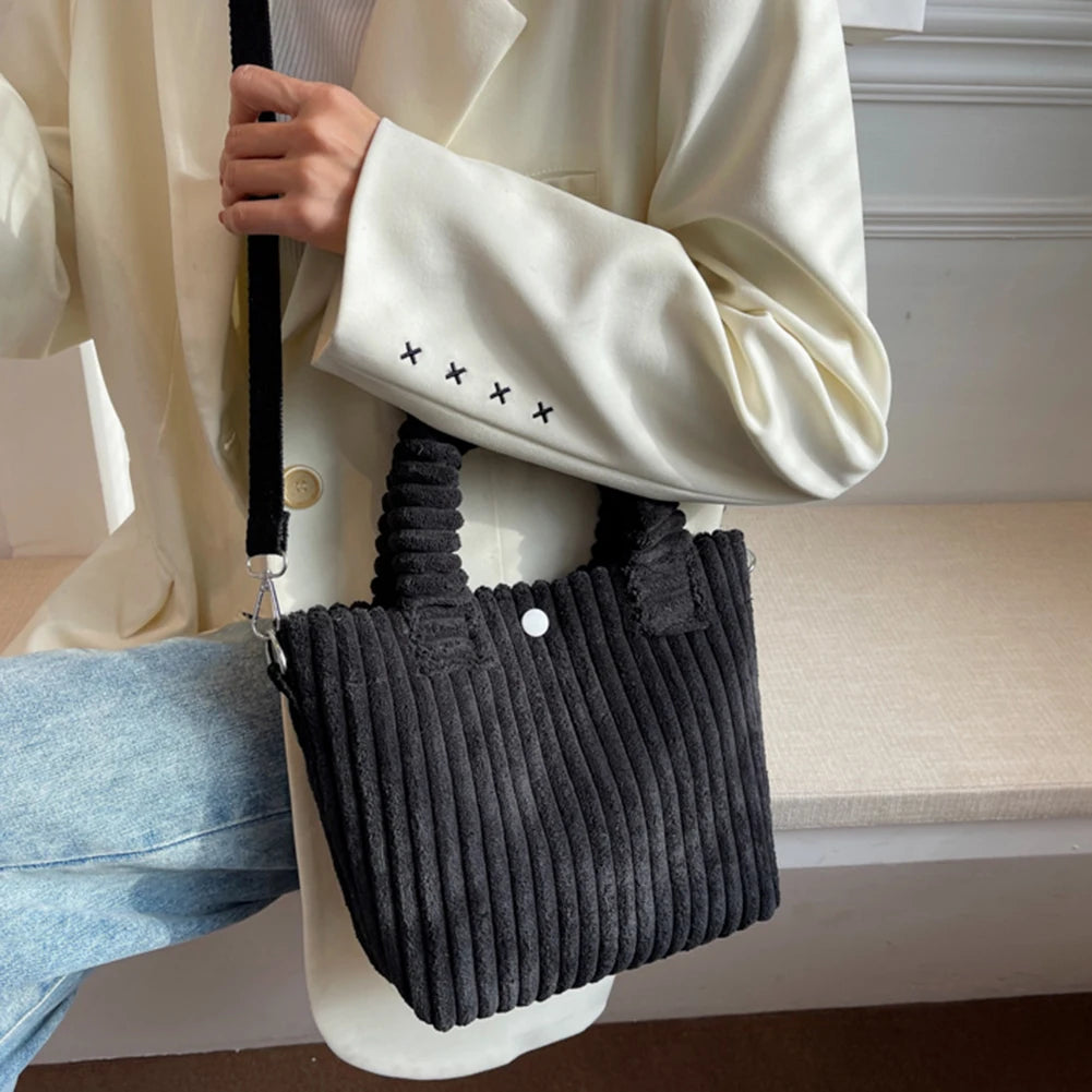 Retro Corduroy Shoulder Tote Bag Women Autumn Winter Handbag