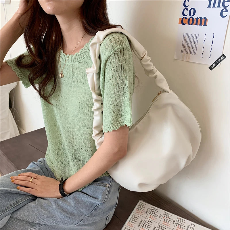 Women Shoulder Bags Solid PU Leather Female All-match Pleated Zipper Large Capac