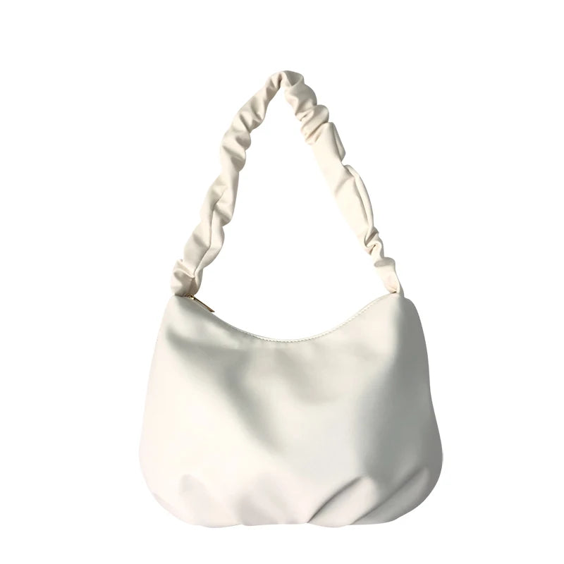 Women Shoulder Bags Solid PU Leather Female All-match Pleated Zipper Large Capac