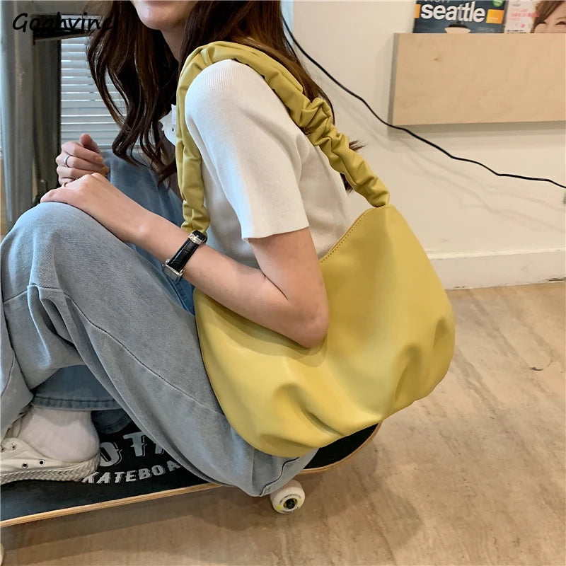 Women Shoulder Bags Solid PU Leather Female All-match Pleated Zipper Large Capac