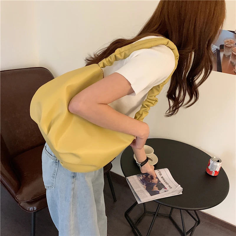 Women Shoulder Bags Solid PU Leather Female All-match Pleated Zipper Large Capac