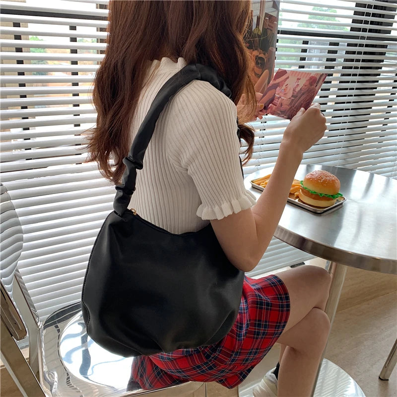 Women Shoulder Bags Solid PU Leather Female All-match Pleated Zipper Large Capac