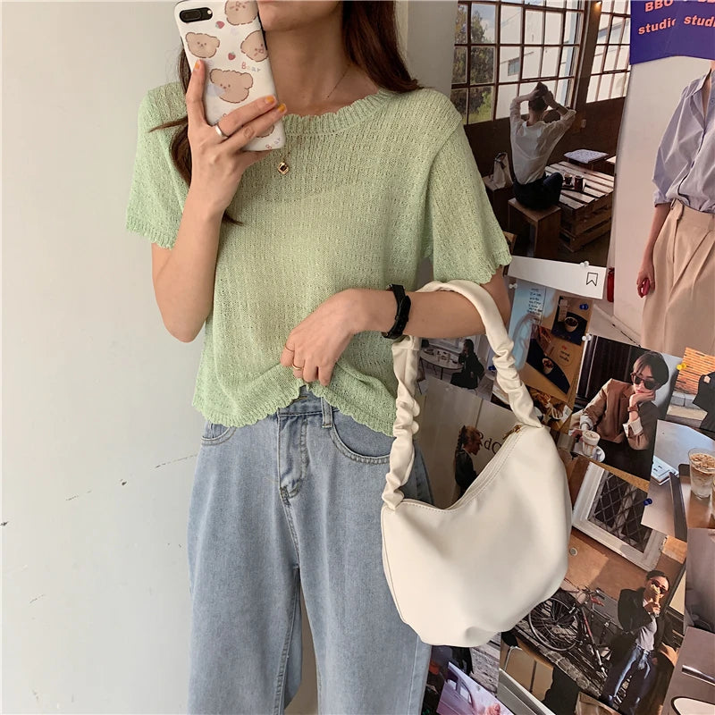Women Shoulder Bags Solid PU Leather Female All-match Pleated Zipper Large Capac