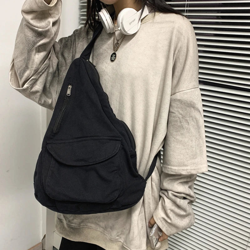 Vintage Canvas Cross-body Bag Washed Retro Large Capacity Satchel Harajuku