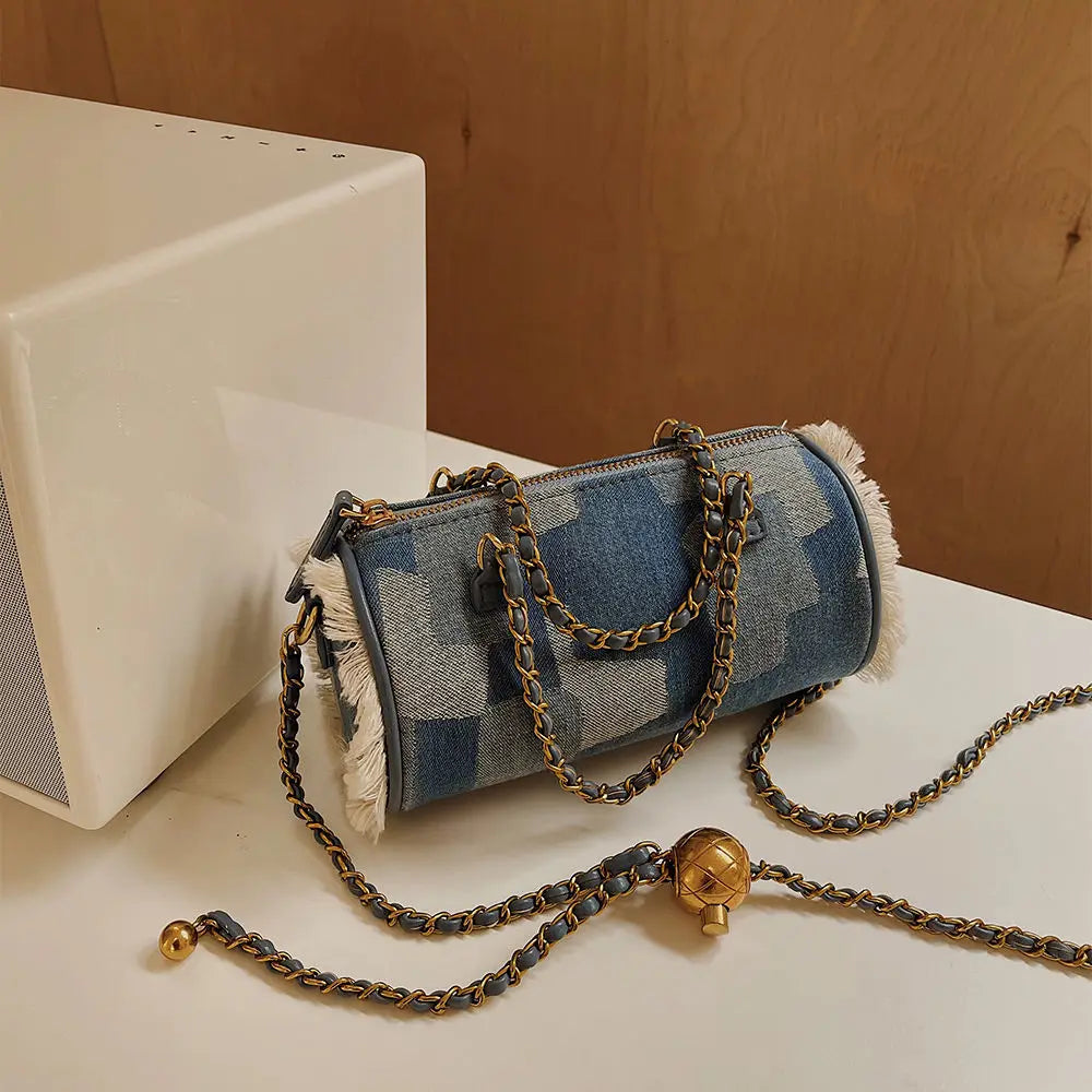 Denim Shoulder Bag Vintage Chain Patchwork Tassel Style
