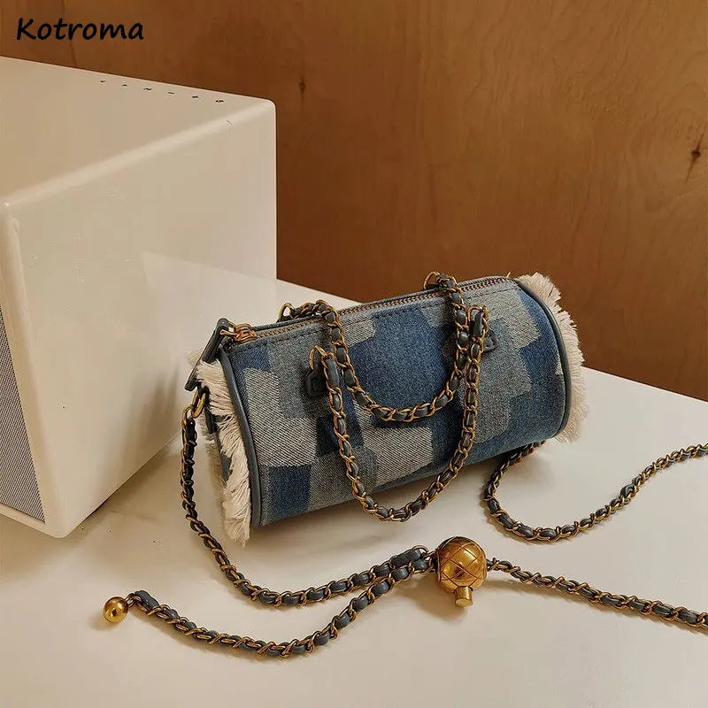 Denim Shoulder Bag Vintage Chain Patchwork Tassel Style