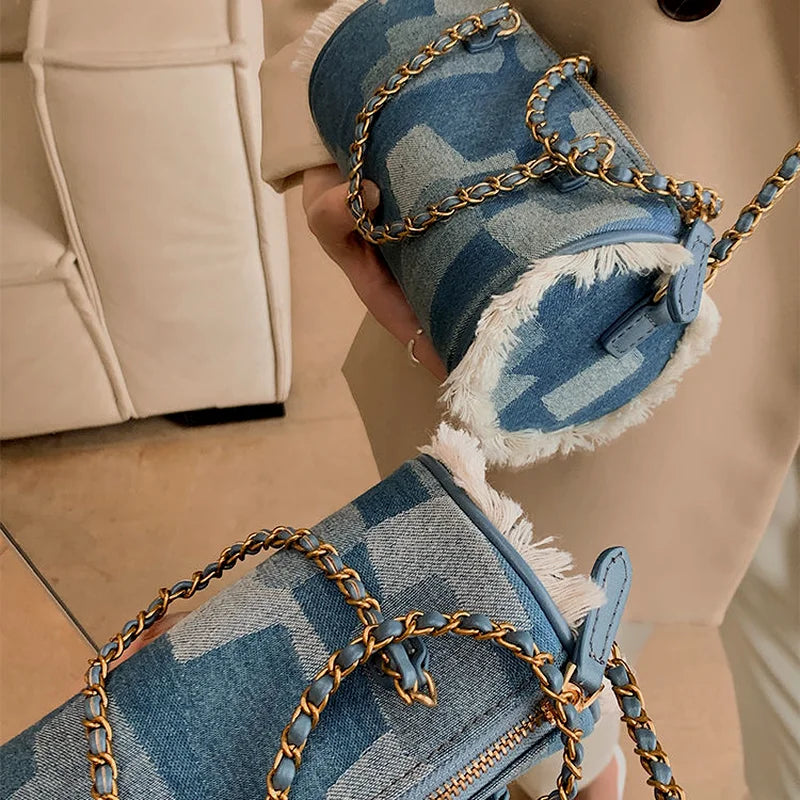 Denim Shoulder Bag Vintage Chain Patchwork Tassel Style