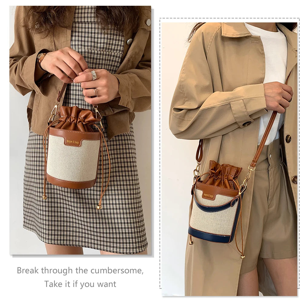 Vintage Patchwork Drawstring Crossbody Bag Cylinder PU Leather Handbag