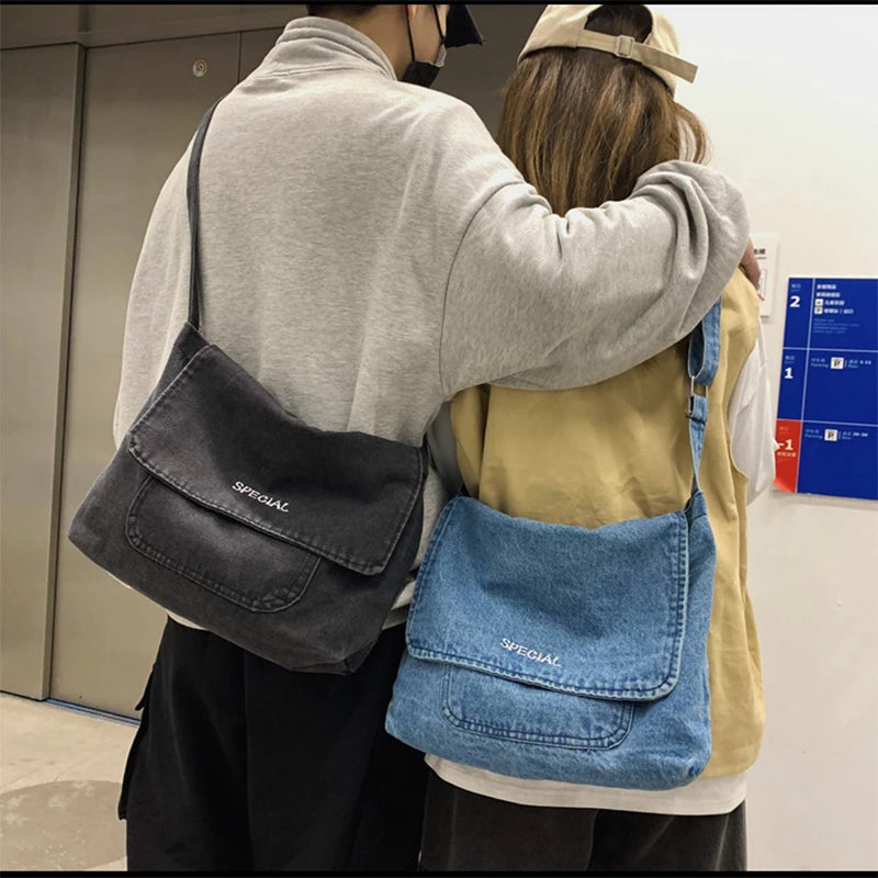Japanese Canvas Crossbody Bag Large Messenger Bag Denim Handbag