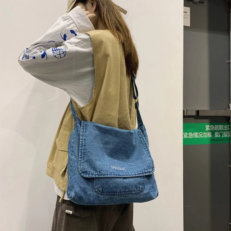 Japanese Canvas Crossbody Bag Large Messenger Bag Denim Handbag