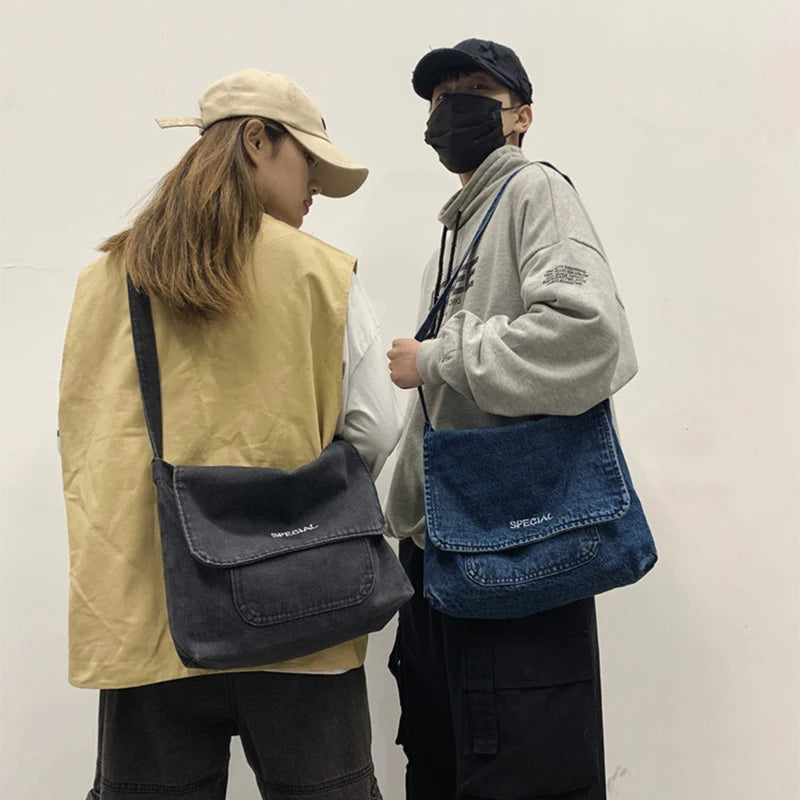 Japanese Canvas Crossbody Bag Large Messenger Bag Denim Handbag