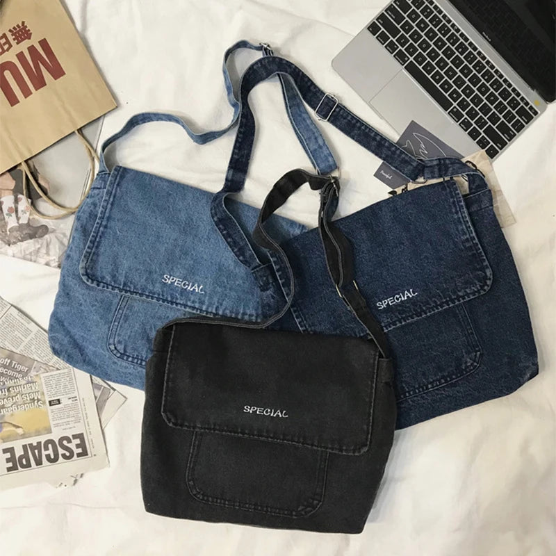 Japanese Canvas Crossbody Bag Large Messenger Bag Denim Handbag