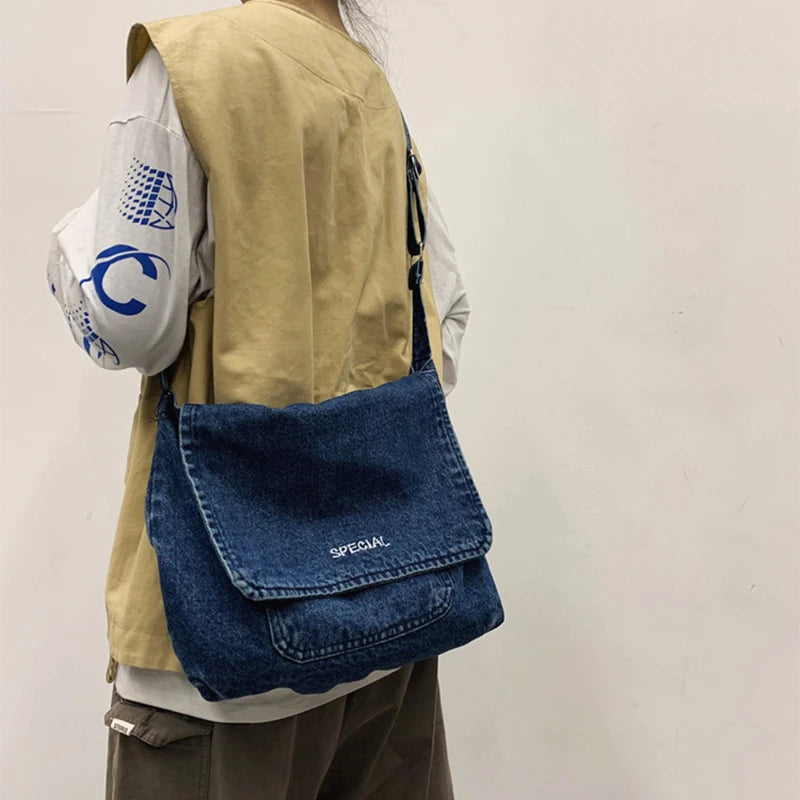 Japanese Canvas Crossbody Bag Large Messenger Bag Denim Handbag