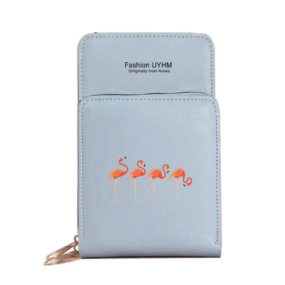Women Crossbody Bag Flamingo Print Wallet Touch Screen Mobile Phone Purse
