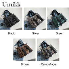 Women Cotton Padded Shoulder Handbag Waterproof Nylon Tote for Travel Shopping
