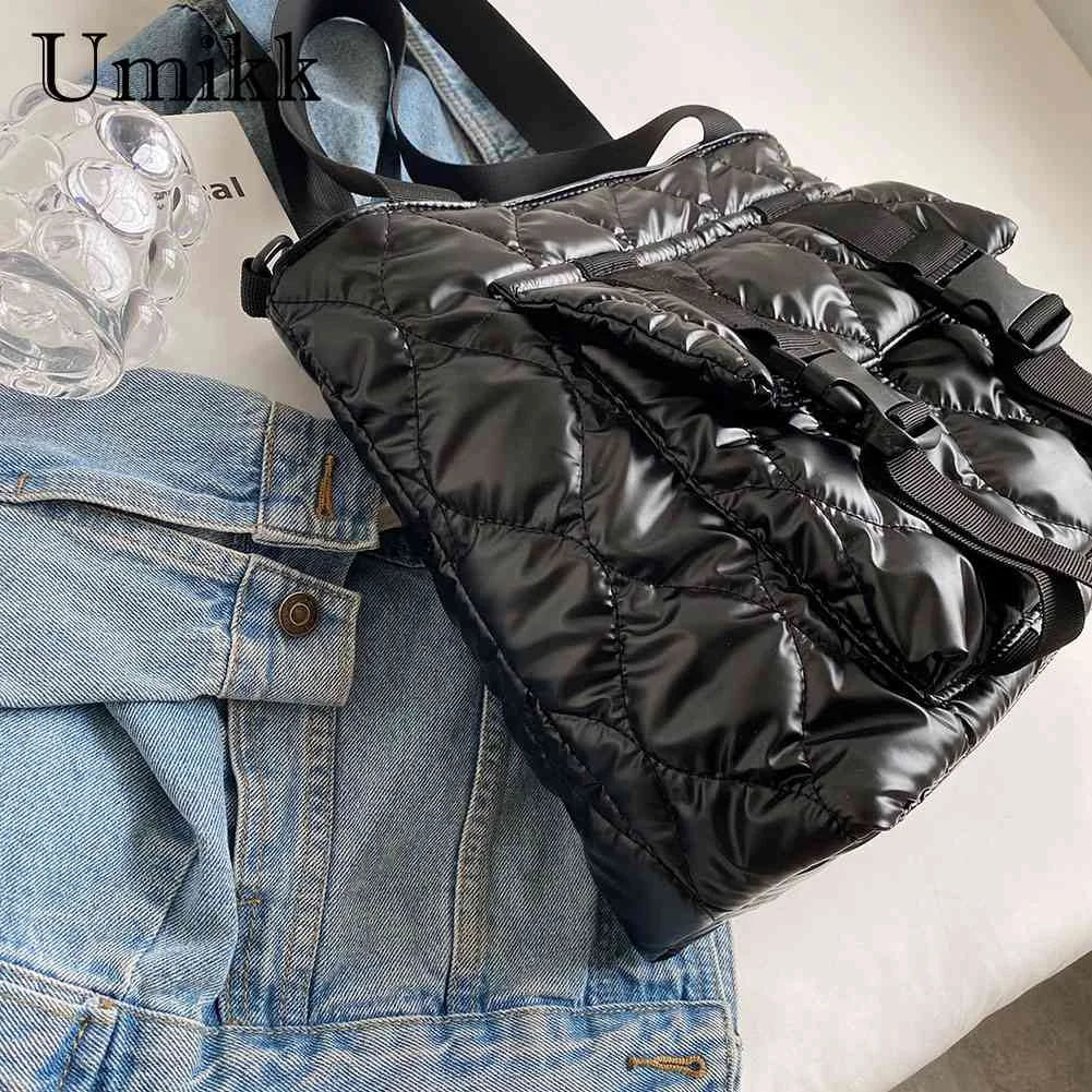 Women Cotton Padded Shoulder Handbag Waterproof Nylon Tote for Travel Shopping