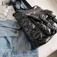 Women Cotton Padded Shoulder Handbag Waterproof Nylon Tote for Travel Shopping