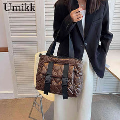 Women Cotton Padded Shoulder Handbag Waterproof Nylon Tote for Travel Shopping