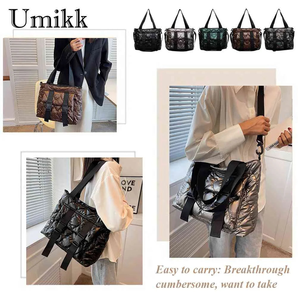 Women Cotton Padded Shoulder Handbag Waterproof Nylon Tote for Travel Shopping