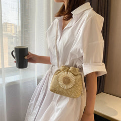 Women Beach Straw Bags Classic Texture Sunflower Drawstring Woven Bucket