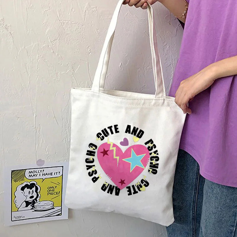 Love Letter Print Handbag Y2K Punk Hippie Canvas Shoulder Bag