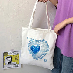 Love Letter Print Handbag Y2K Punk Hippie Canvas Shoulder Bag