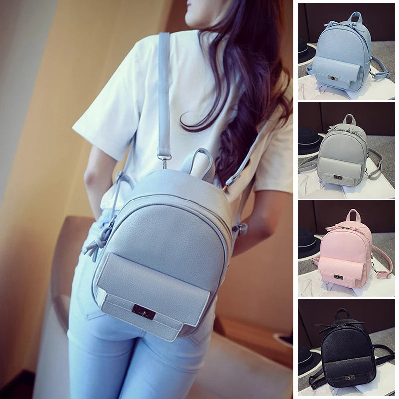 Small Solid Backpacks PU Leather for Teenage Girls Waterproof