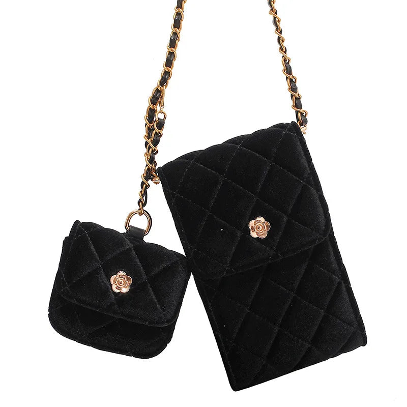 Velvet Shoulder Messenger Bag With Purse Female Lattice Crossbody Bag