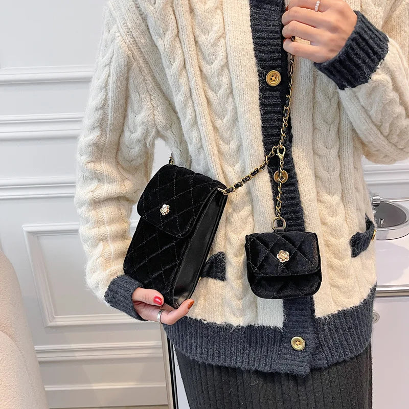 Velvet Shoulder Messenger Bag With Purse Female Lattice Crossbody Bag