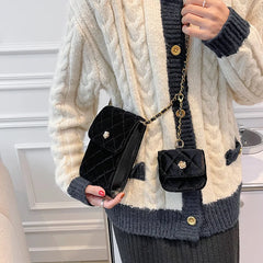 Velvet Shoulder Messenger Bag With Purse Female Lattice Crossbody Bag