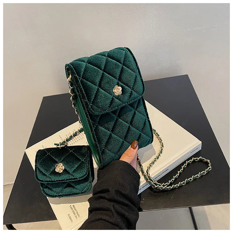 Velvet Shoulder Messenger Bag With Purse Female Lattice Crossbody Bag