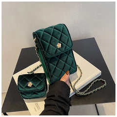 Velvet Shoulder Messenger Bag With Purse Female Lattice Crossbody Bag