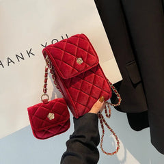 Velvet Shoulder Messenger Bag With Purse Female Lattice Crossbody Bag
