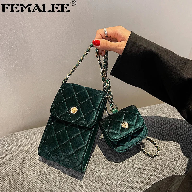 Velvet Shoulder Messenger Bag With Purse Female Lattice Crossbody Bag