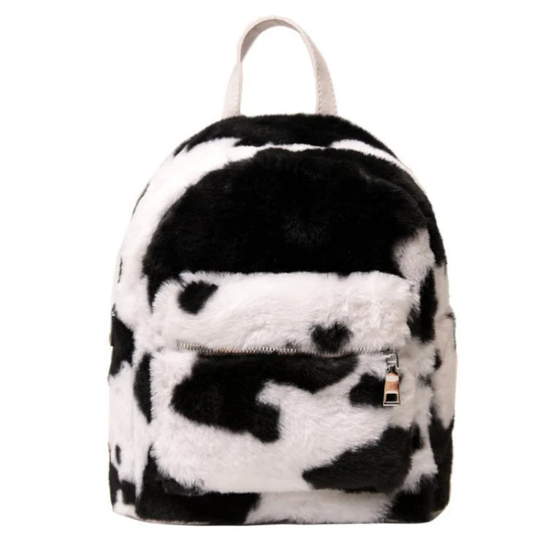 Cow Printed Plush School Backpack for Girls