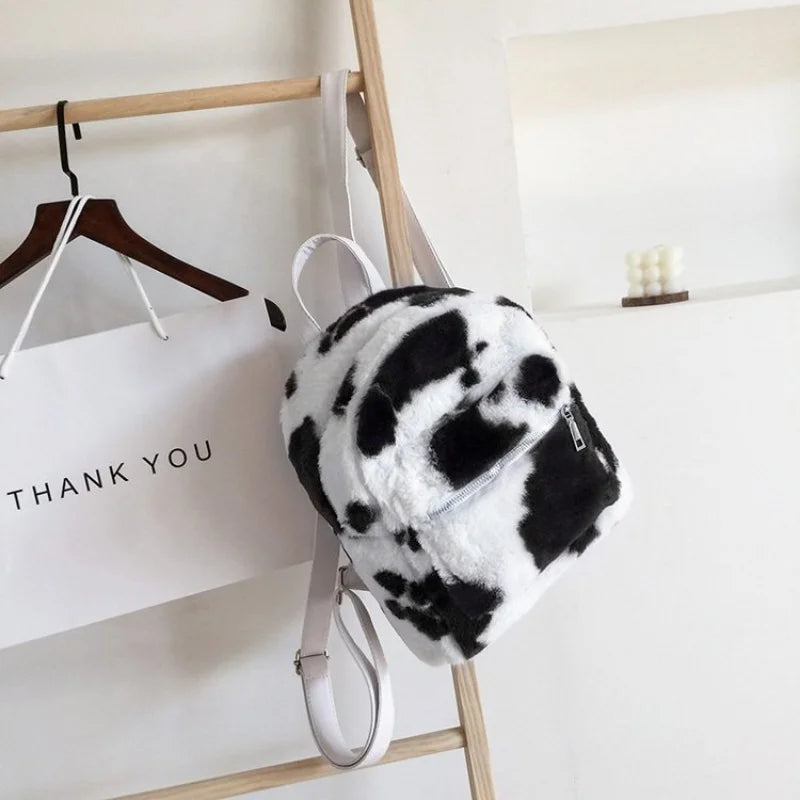 Cow Printed Plush School Backpack for Girls