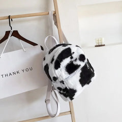 Cow Printed Plush School Backpack for Girls