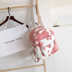 Cow Printed Plush School Backpack for Girls