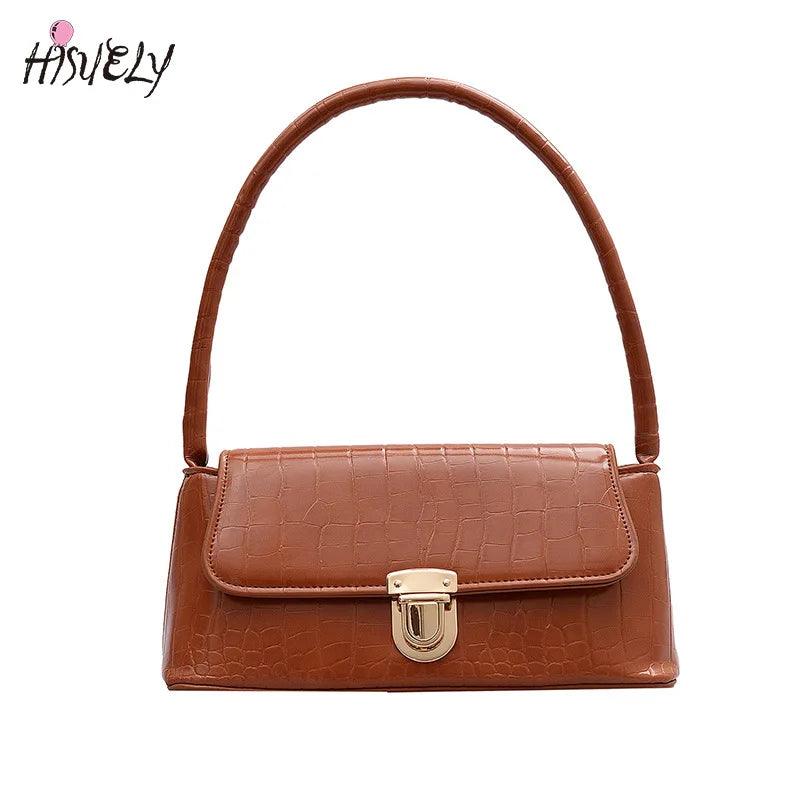 Small Brown Retro Underarm Bag Stone Pattern Shoulder Pink Leather Bag
