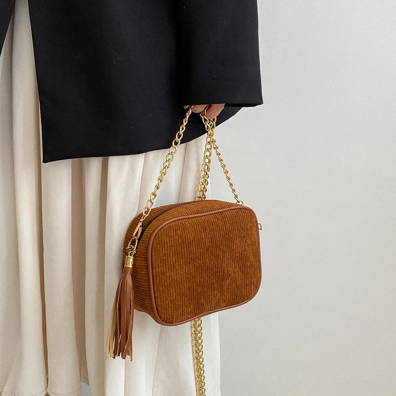 Corduroy Small Flap Bag Tote Handbag Chains Shoulder Crossbody Bag